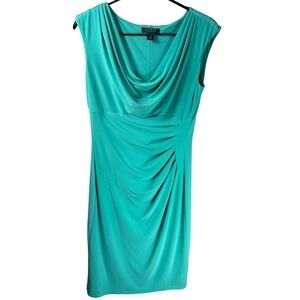 Lauren Ralph Lauren Turquoise Green Cowl Neck Ruched Sheath Dress Size 10